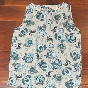 LOFT Women's Top Size M Gray with Blue Floral Keyhole Back Closure Sleeveless